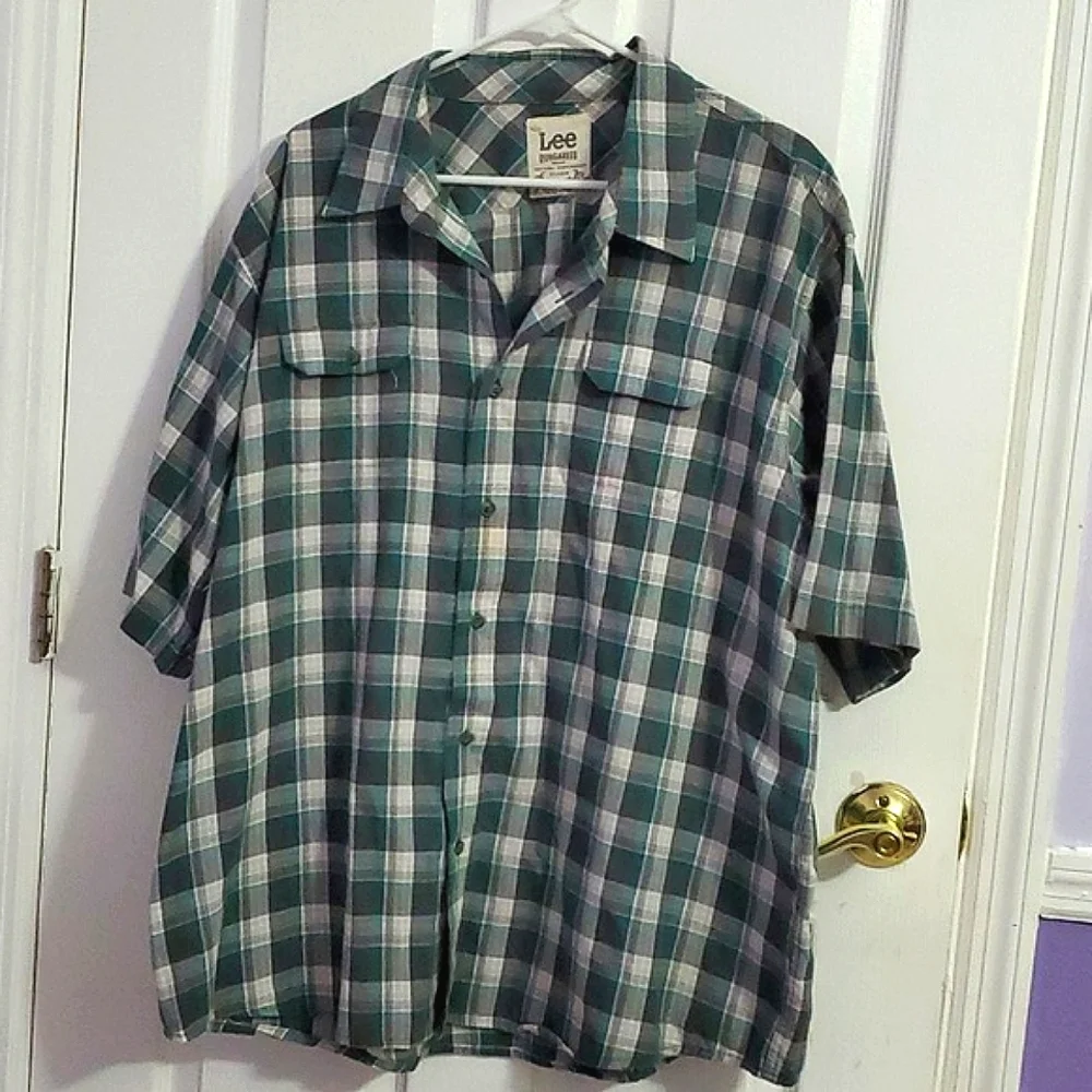Lee Dungarees Green Plaid Short Sleeve Button Down Shirt Western Festival 2XL